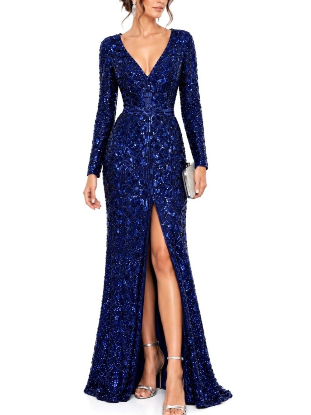 Mac Duggal Midnight Blue Embellished Sequin V Neck Gown